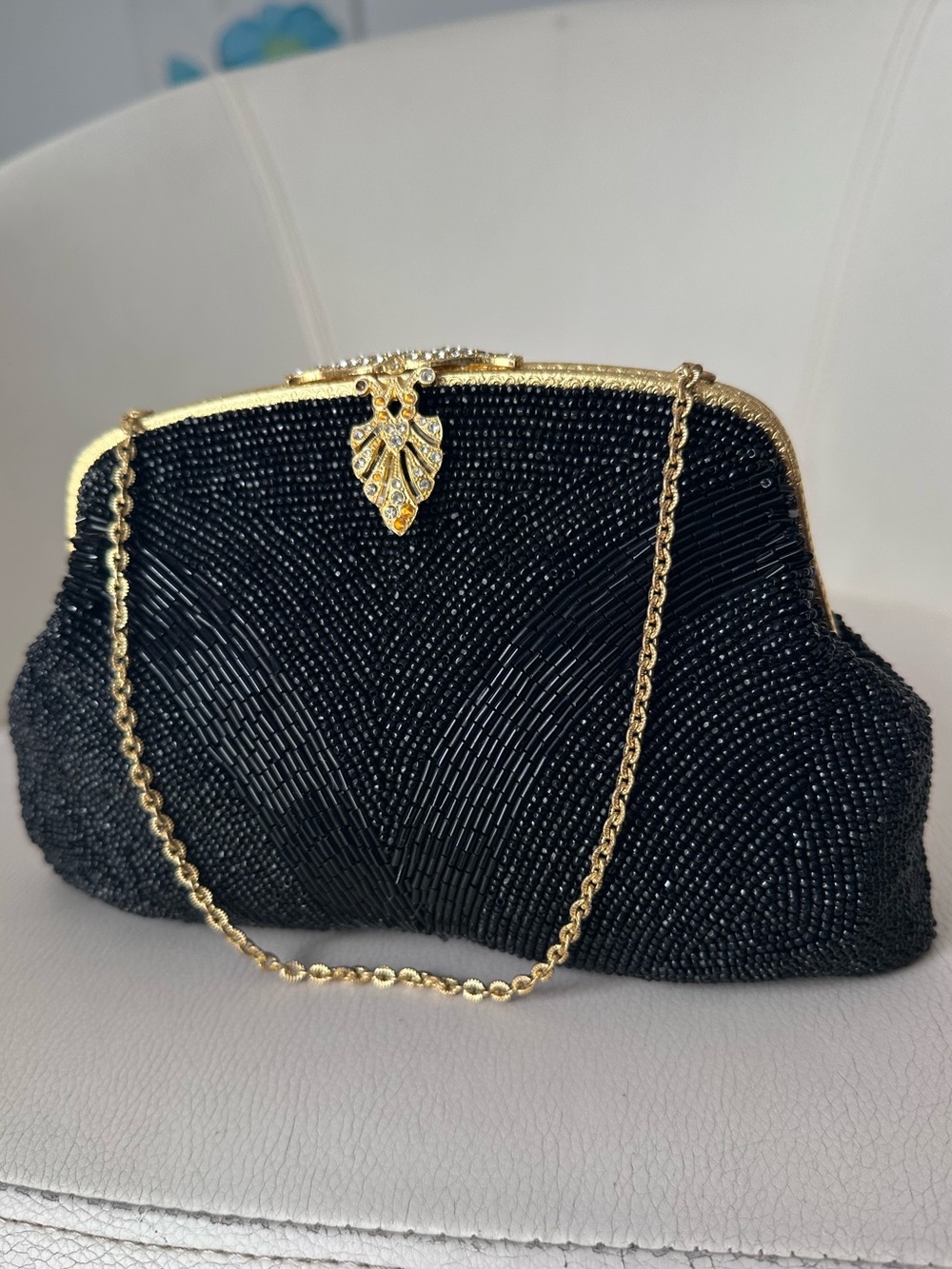 Vintage Elegant Black Beaded Evening Clutch with Gold Chain